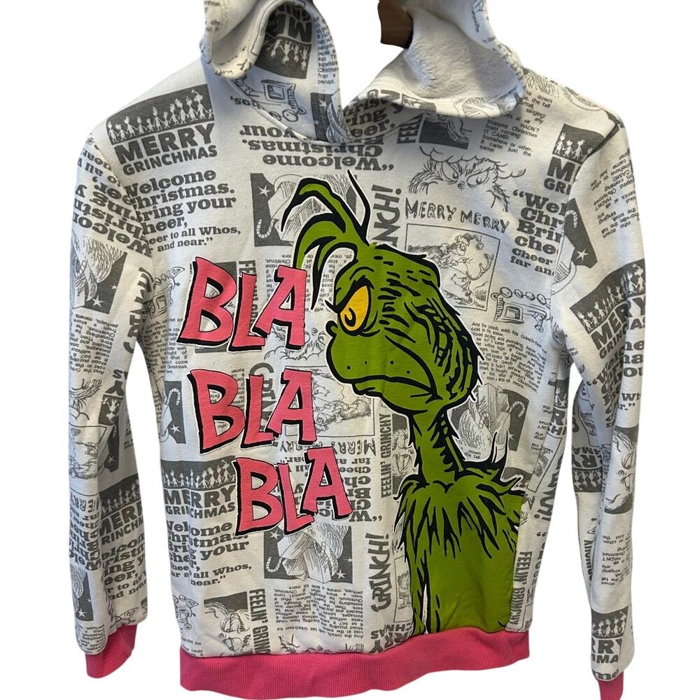 Dr Suess The Grinch Christmas hoodie newspaper style Bla Bla Bla text youth m